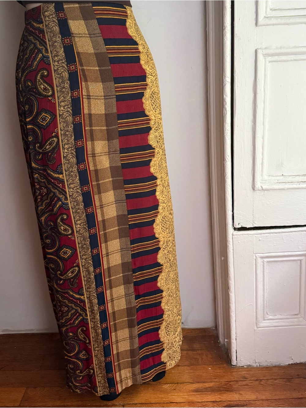 Vintage Patchwork Wrap Maxi Skirt Heritage Paisley Column Mixed Print Skirt